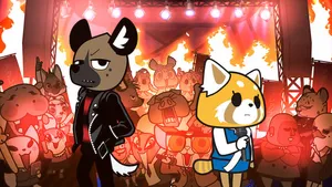 Haida the Hyena and Retsuko the red panda stand in front of a cheering crowd.
