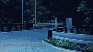 GIF of Honda racecar from Initial D anime drifting around a sharp corner, headlights flashing.