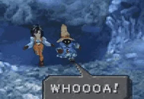 A scene from an old video game called Final Fantasy 9, showing 2 characters running across ice and one of
            them, a small mage named Vivi, slips and falls down face first. Large dialog text pops up: 'WHOA!'.